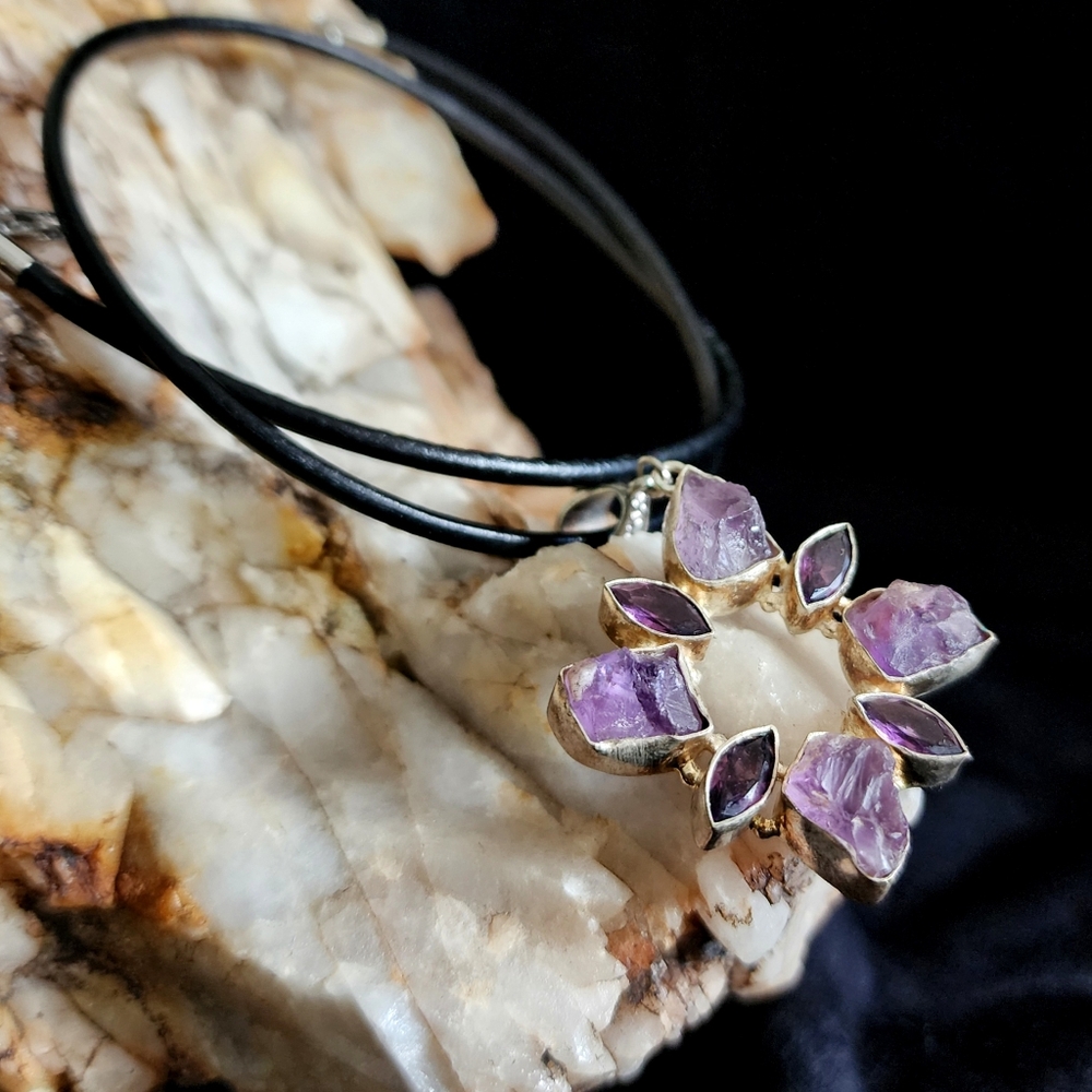 Genuine Raw Amethyst Rhodium/925 Silver Pensant Leather Necklace Boho Jewelry